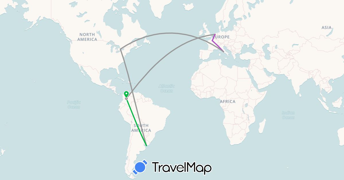 TravelMap itinerary: driving, bus, plane, train in Canada, Colombia, France, Italy, Netherlands, Uruguay (Europe, North America, South America)