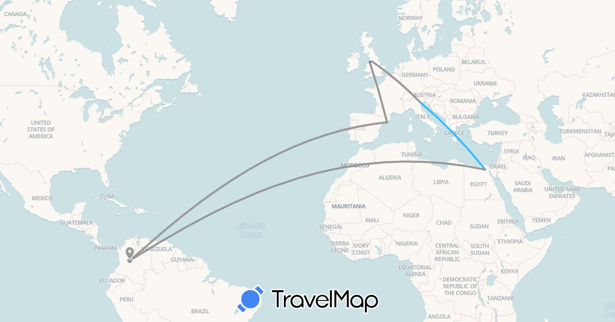 TravelMap itinerary: driving, plane, cycling, boat in Colombia, Egypt, Spain, United Kingdom, Italy (Africa, Europe, South America)
